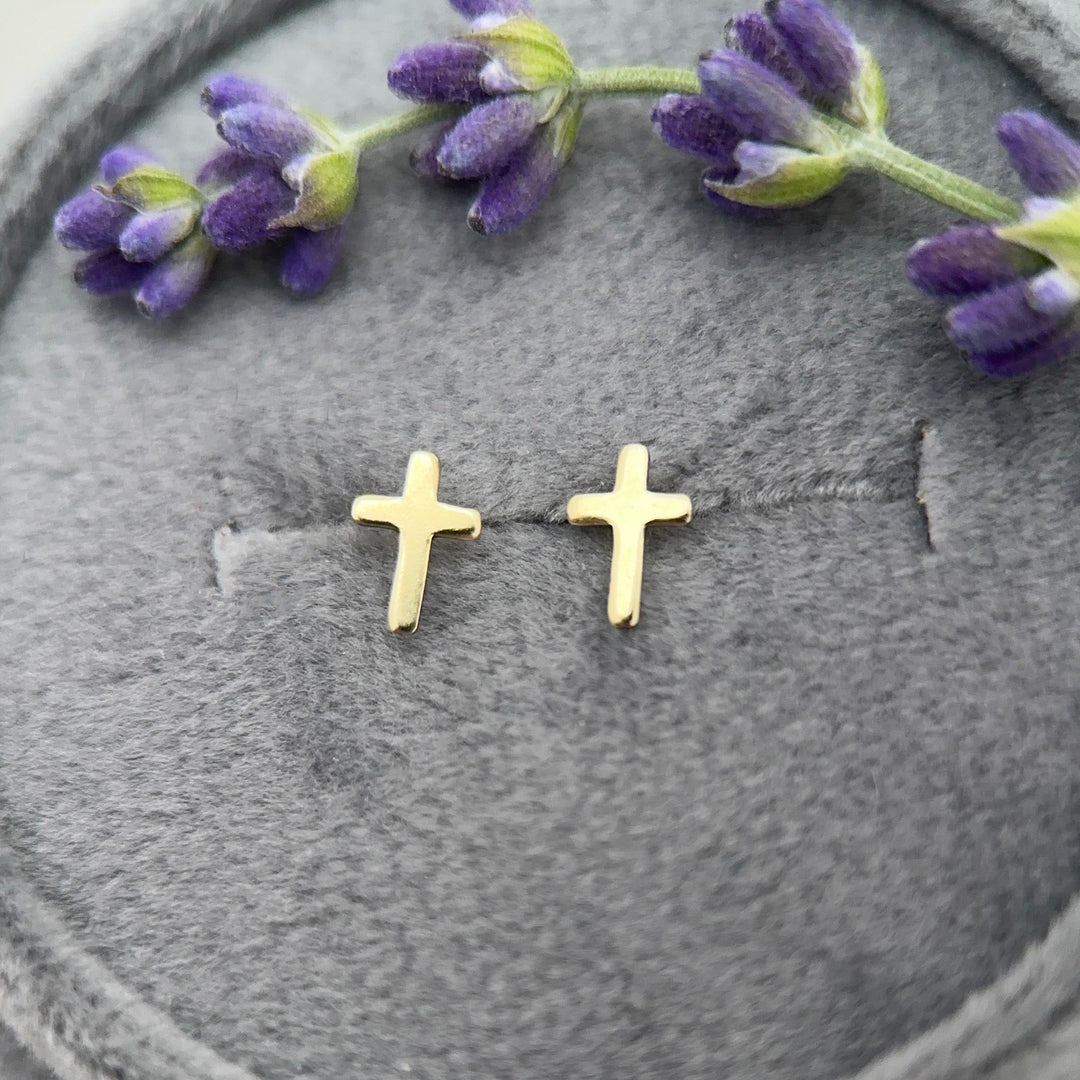 Gold Cross Stud Earrings - 14k Yellow Gold Filled, Dainty Christian Cross Earrings, Minimalist Faith Jewelry - SunlightSilver
