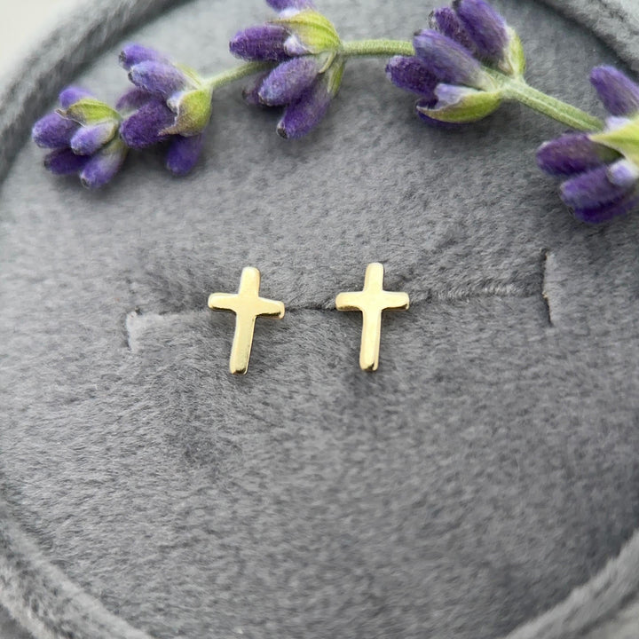 Gold Cross Stud Earrings - 14k Yellow Gold Filled, Dainty Christian Cross Earrings, Minimalist Faith Jewelry - SunlightSilver