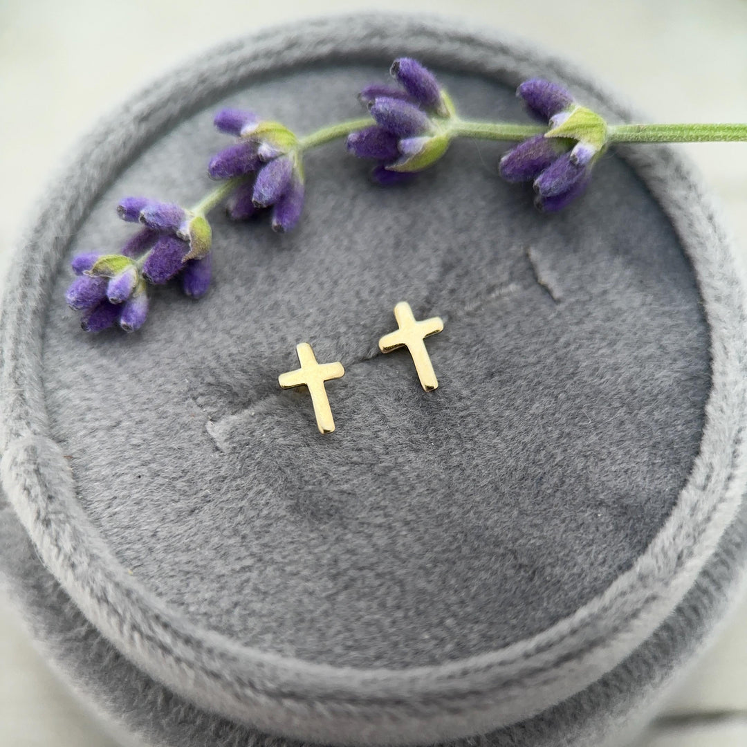 Gold Cross Stud Earrings - 14k Yellow Gold Filled, Dainty Christian Cross Earrings, Minimalist Faith Jewelry - SunlightSilver
