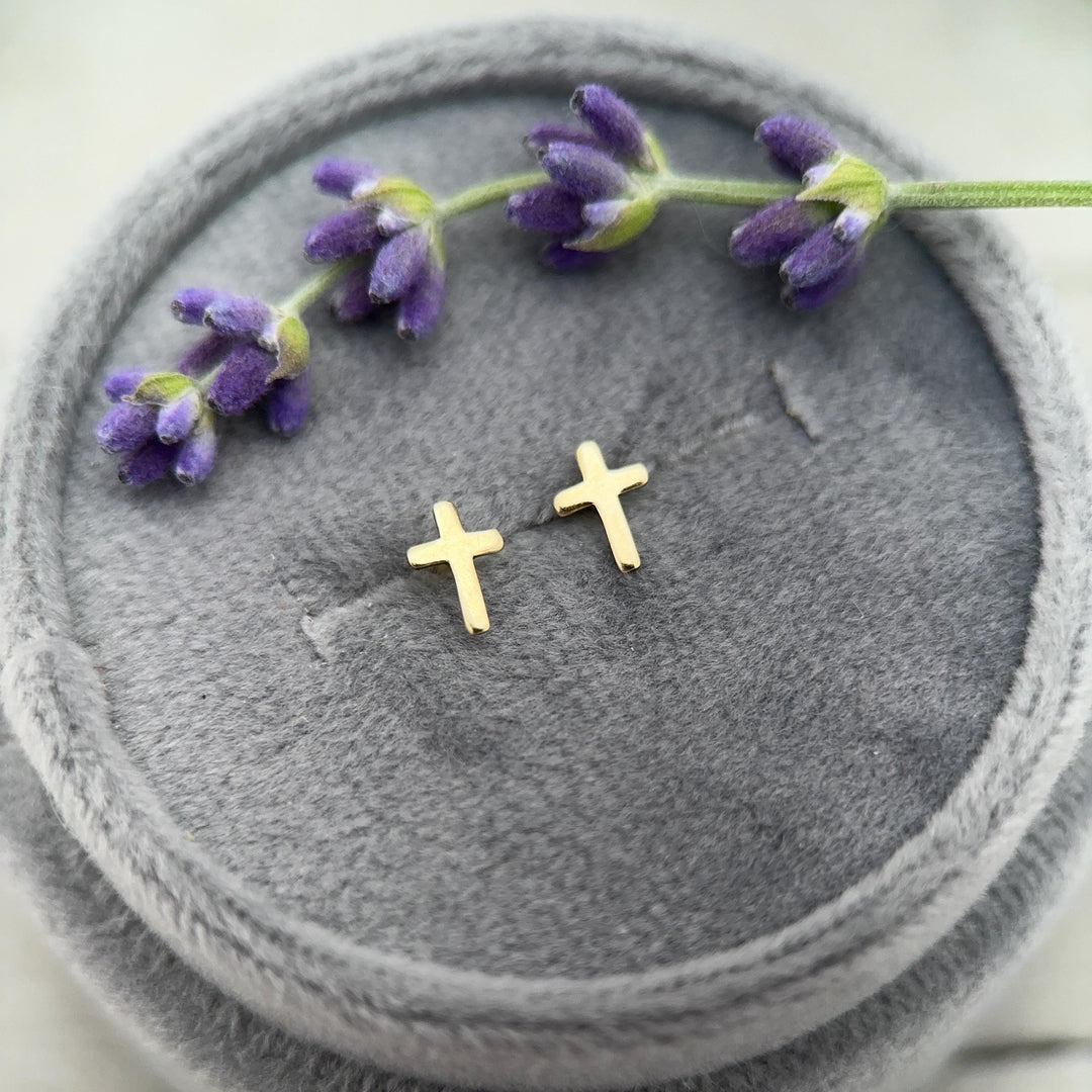 Gold Cross Stud Earrings - 14k Yellow Gold Filled, Dainty Christian Cross Earrings, Minimalist Faith Jewelry - SunlightSilver
