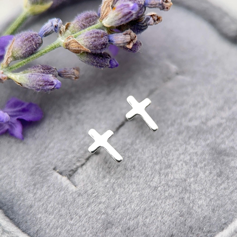 Silver Cross Stud Earrings - Solid 925 Sterling Silver, Dainty Christian Cross Earrings, Minimalist Faith Jewelry - SunlightSilver