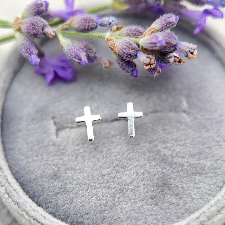 Silver Cross Stud Earrings - Solid 925 Sterling Silver, Dainty Christian Cross Earrings, Minimalist Faith Jewelry - SunlightSilver