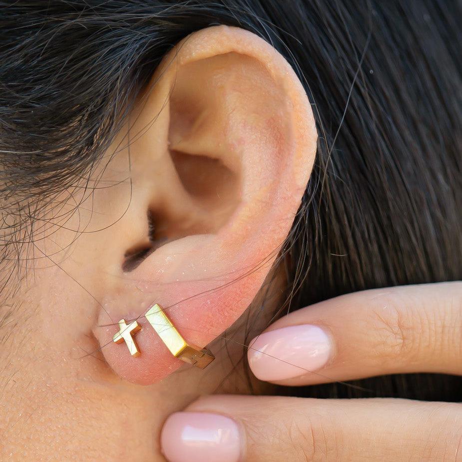 Gold Cross Stud Earrings - 14k Yellow Gold Filled, Dainty Christian Cross Earrings, Minimalist Faith Jewelry - SunlightSilver