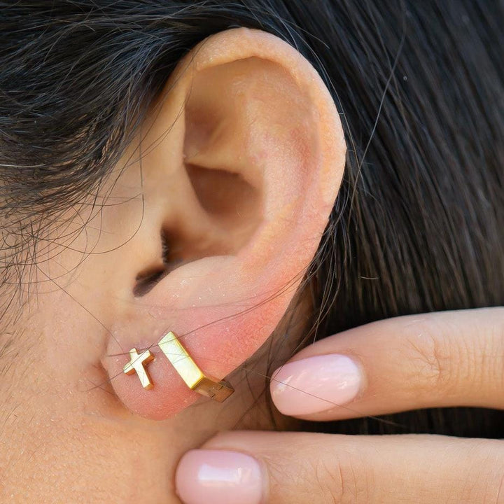 Gold Cross Stud Earrings - 14k Yellow Gold Filled, Dainty Christian Cross Earrings, Minimalist Faith Jewelry - SunlightSilver