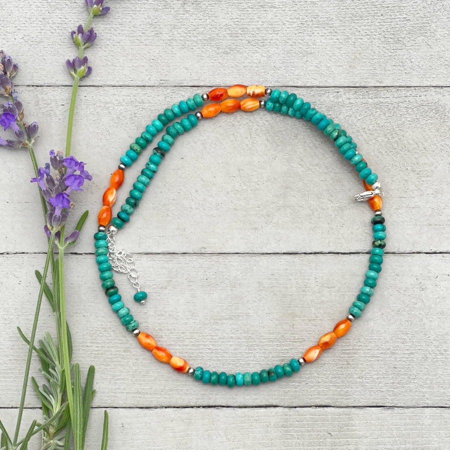Orange Spiny Oyster, Turquoise, and Navajo Pearl Necklace - SunlightSilver