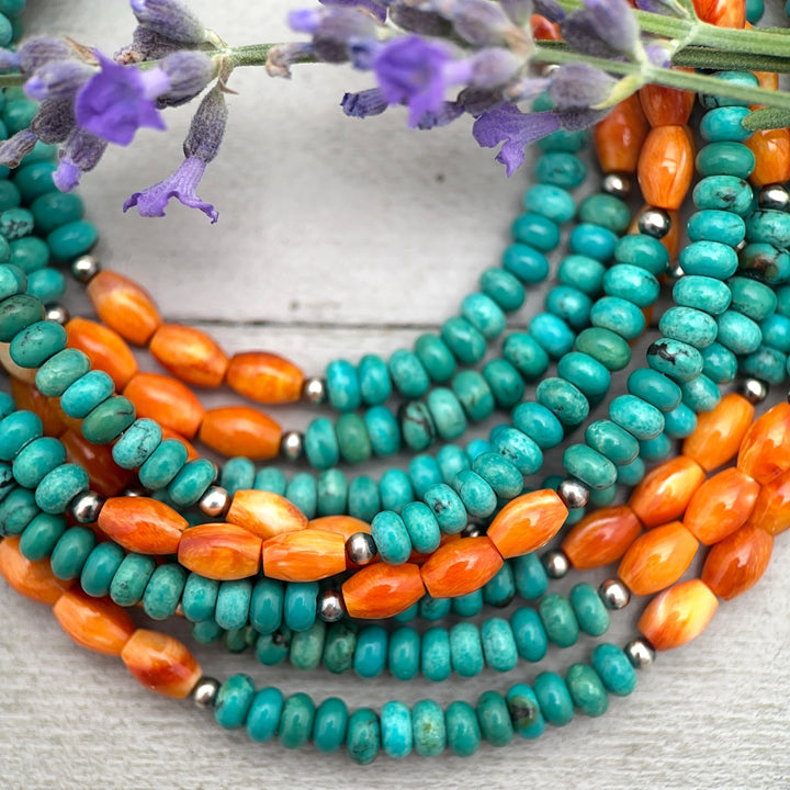 Orange Spiny Oyster, Kingman Turquoise, and Navajo Pearl Necklace - SunlightSilver