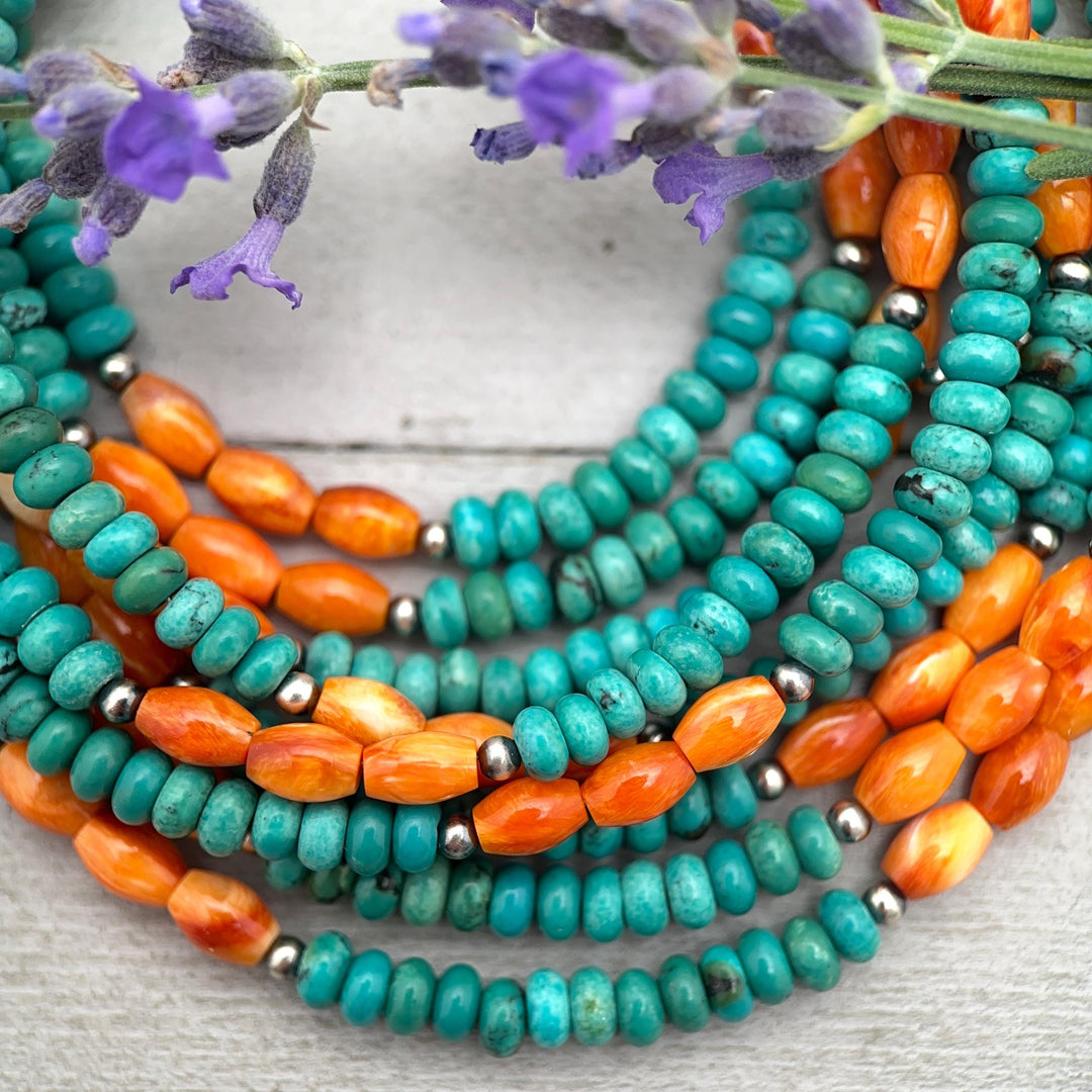 Orange Spiny Oyster, Turquoise, and Navajo Pearl Necklace - SunlightSilver