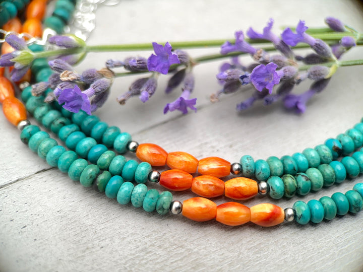 Orange Spiny Oyster, Kingman Turquoise, and Navajo Pearl Necklace - SunlightSilver