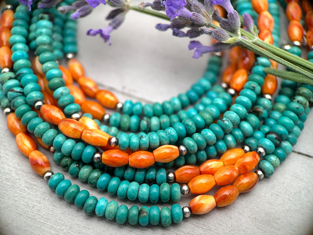 Orange Spiny Oyster, Kingman Turquoise, and Navajo Pearl Necklace - SunlightSilver