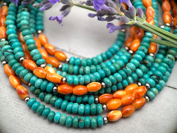 Orange Spiny Oyster, Kingman Turquoise, and Navajo Pearl Necklace - SunlightSilver