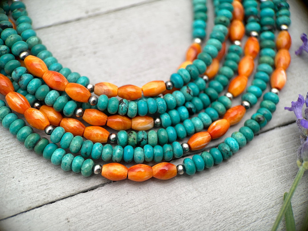 Orange Spiny Oyster, Kingman Turquoise, and Navajo Pearl Necklace - SunlightSilver