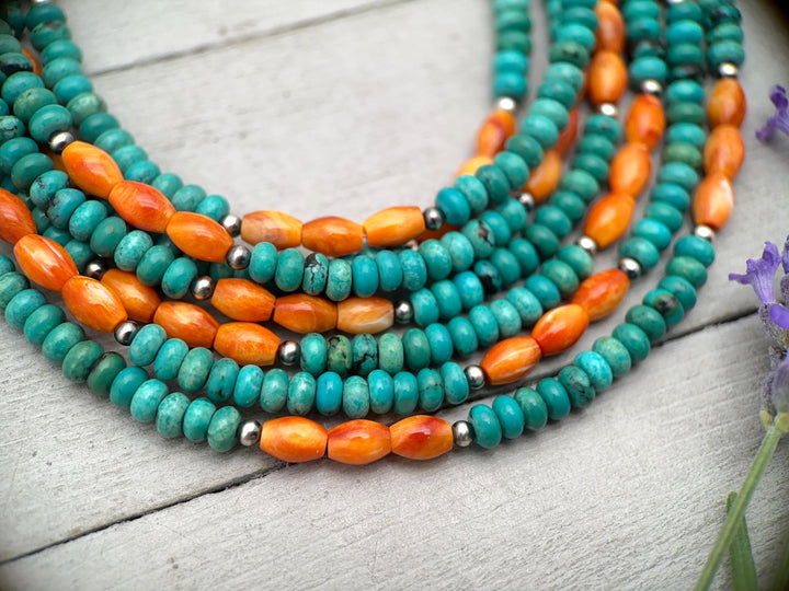 Orange Spiny Oyster, Kingman Turquoise, and Navajo Pearl Necklace - SunlightSilver
