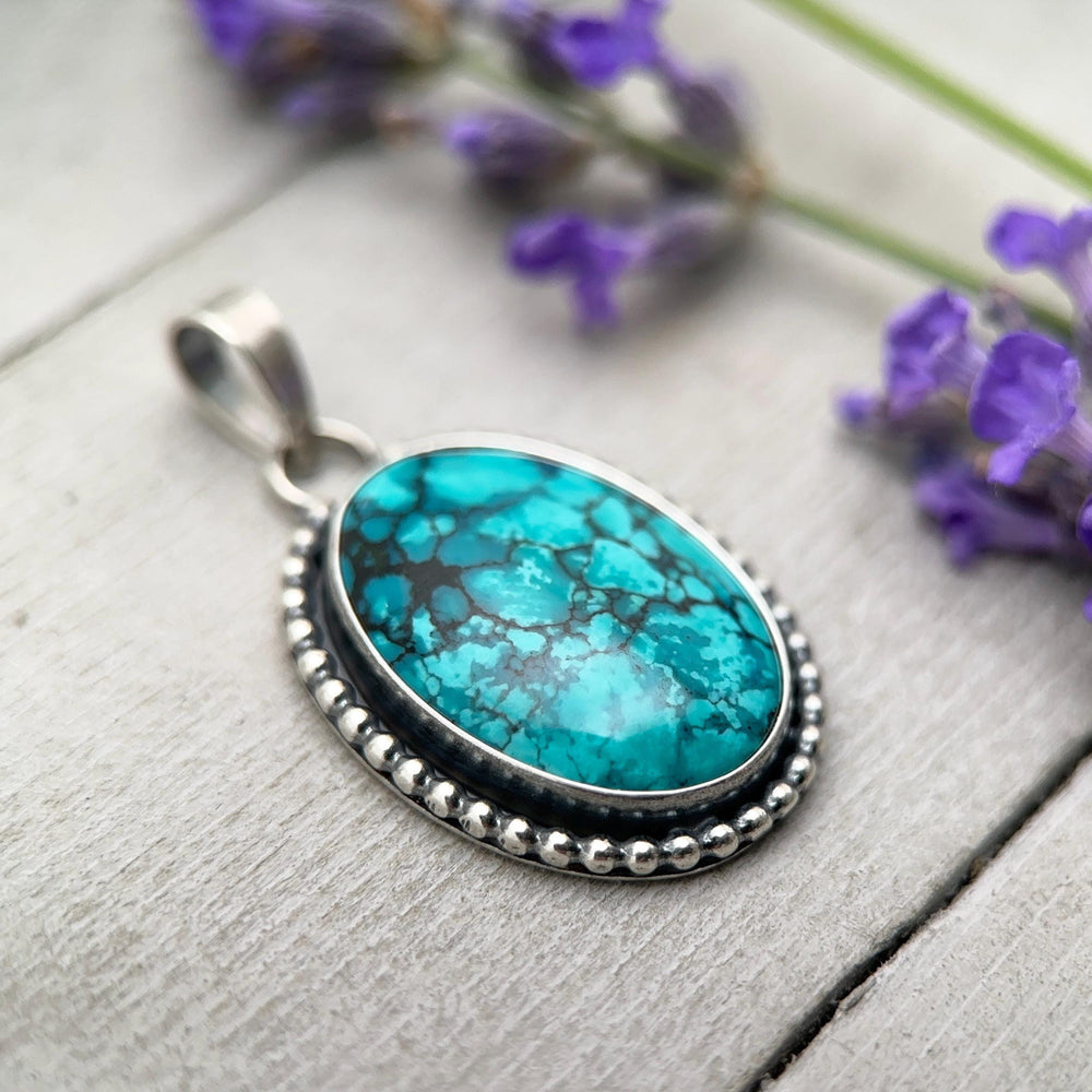 Teal Blue Hubei Turquoise and Sterling Silver Pendant Necklace - SunlightSilver