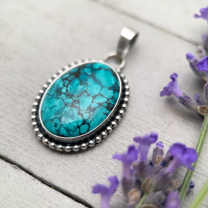 Teal Blue Hubei Turquoise and Sterling Silver Pendant Necklace - SunlightSilver