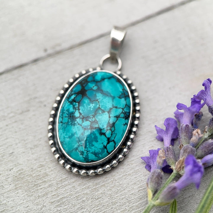 Teal Blue Hubei Turquoise and Sterling Silver Pendant Necklace - SunlightSilver