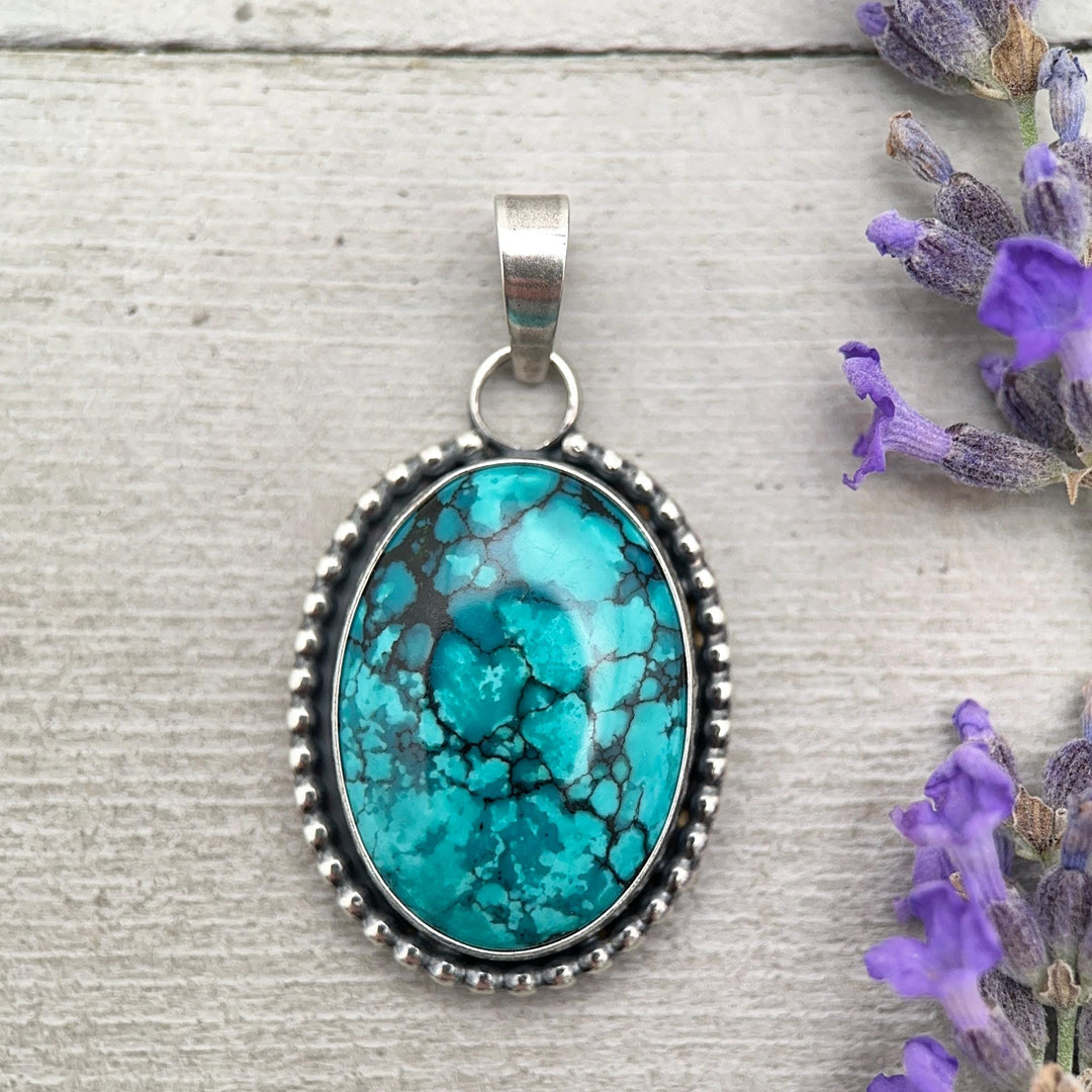Teal Blue Hubei Turquoise and Sterling Silver Pendant Necklace - SunlightSilver