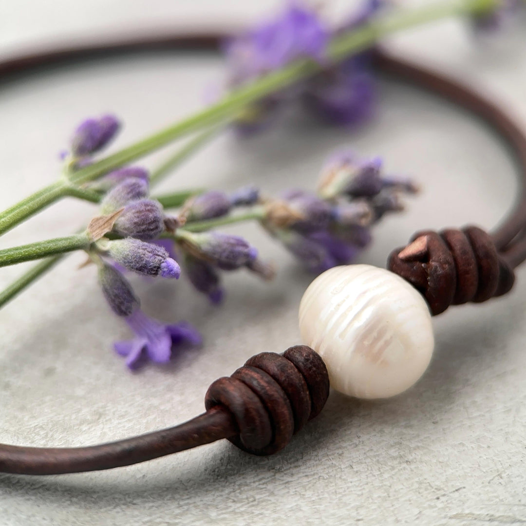 White Freshwater Pearl and Rustic Brown Leather Anklet / Bracelet - SunlightSilver