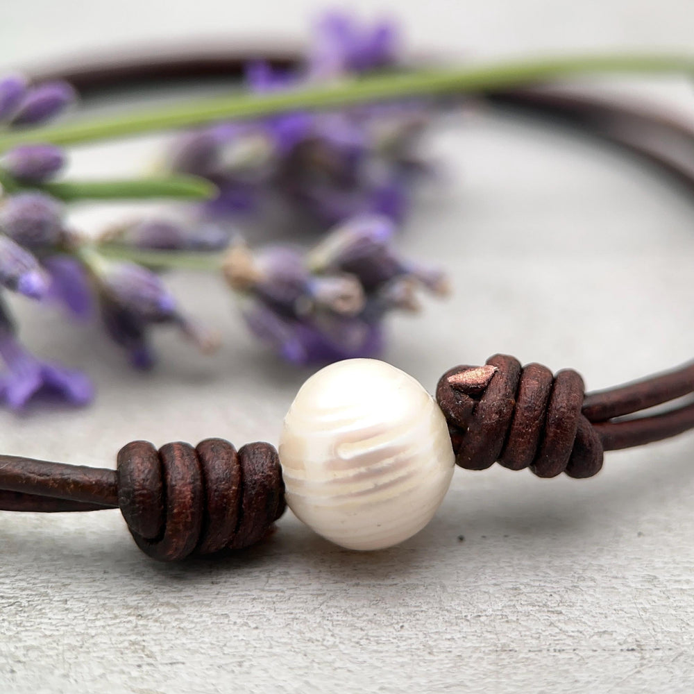 White Freshwater Pearl and Rustic Brown Leather Anklet / Bracelet - SunlightSilver