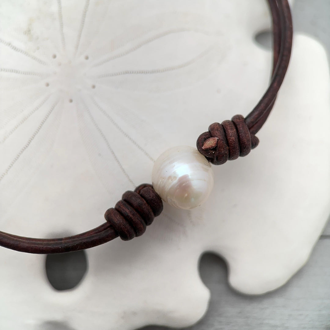 White Freshwater Pearl and Rustic Brown Leather Anklet / Bracelet - SunlightSilver