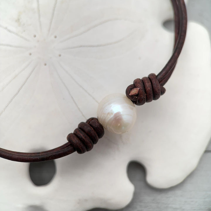 White Freshwater Pearl and Rustic Brown Leather Anklet / Bracelet - SunlightSilver