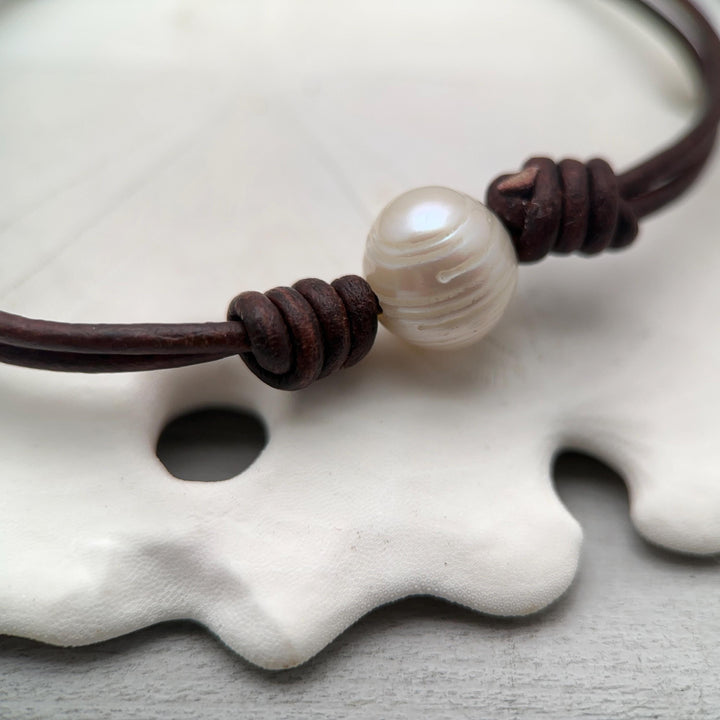 White Pearl and Rustic Brown Leather Anklet / Bracelet - SunlightSilver