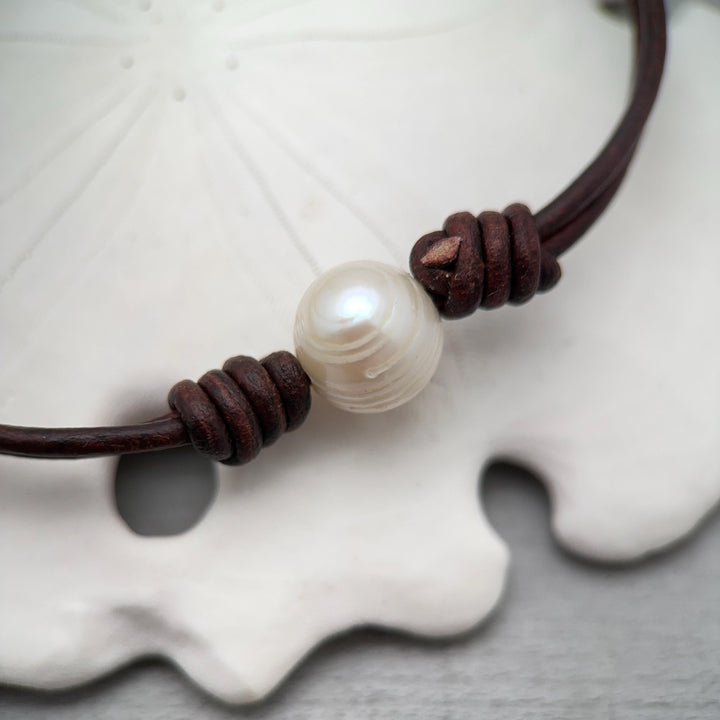 White Freshwater Pearl and Rustic Brown Leather Anklet / Bracelet - SunlightSilver