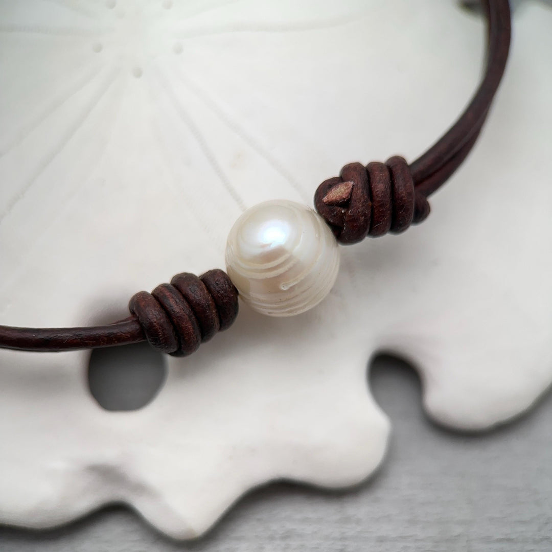 White Pearl and Rustic Brown Leather Anklet / Bracelet - SunlightSilver