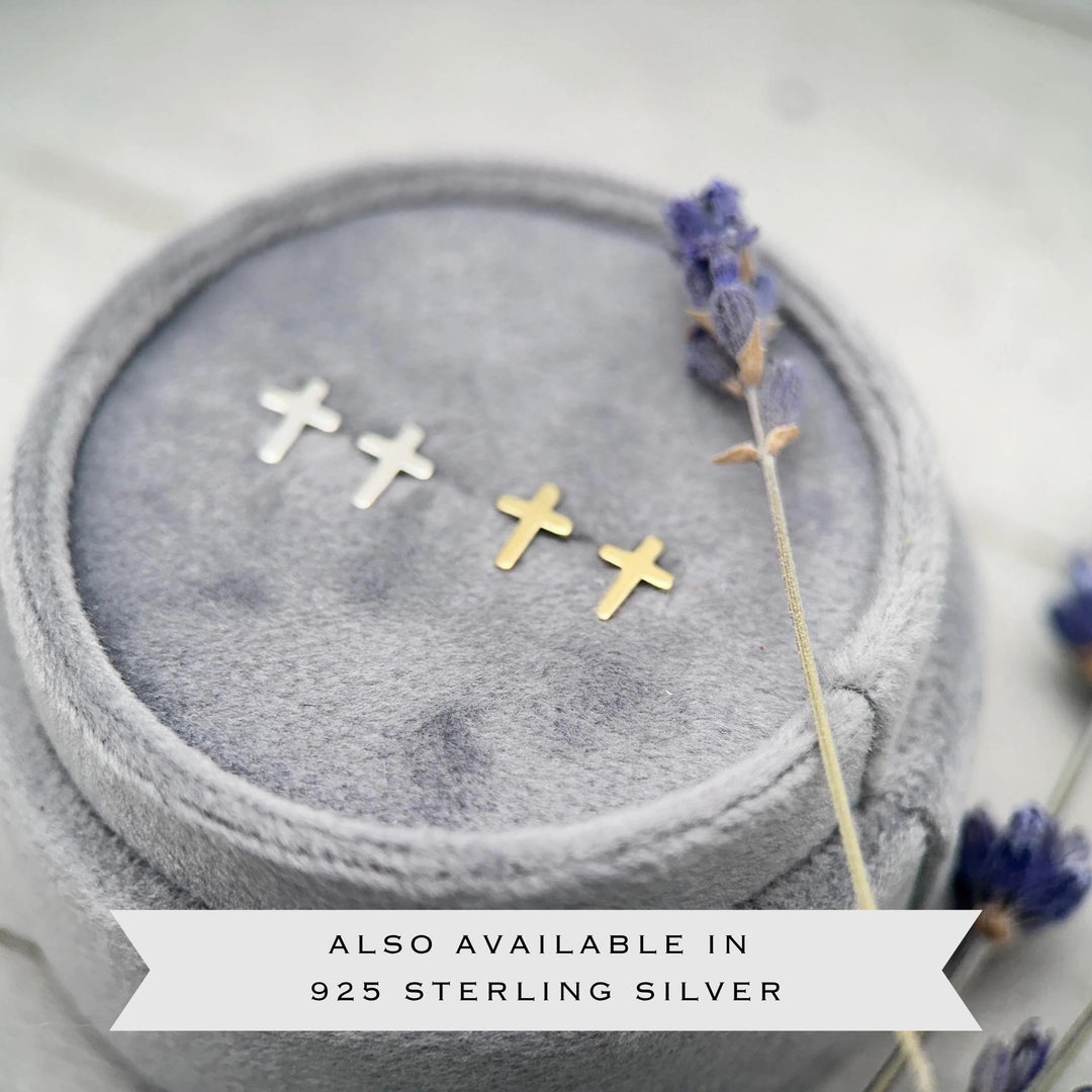 Gold Cross Stud Earrings - 14k Yellow Gold Filled, Dainty Christian Cross Earrings, Minimalist Faith Jewelry - SunlightSilver