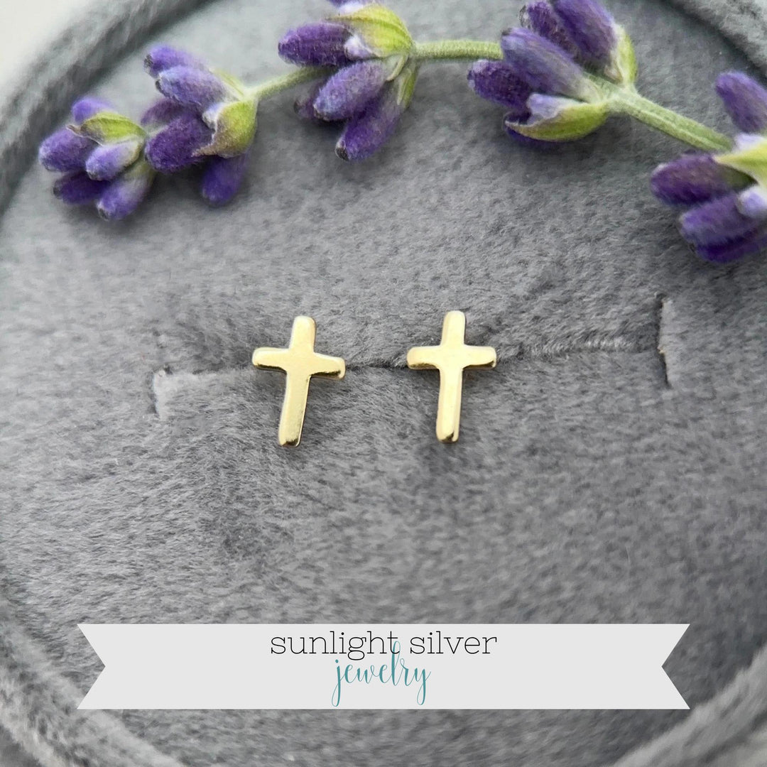 Gold Cross Stud Earrings - 14k Yellow Gold Filled, Dainty Christian Cross Earrings, Minimalist Faith Jewelry - SunlightSilver
