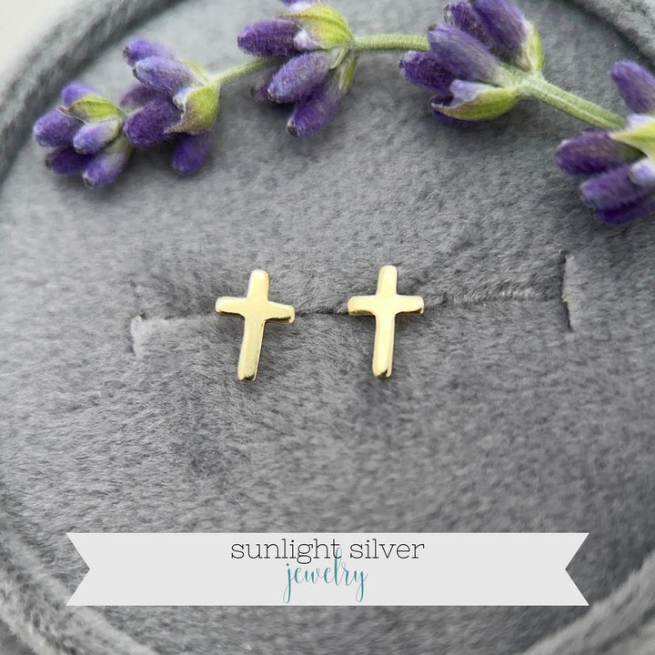 Gold Cross Stud Earrings - 14k Yellow Gold Filled, Dainty Christian Cross Earrings, Minimalist Faith Jewelry - SunlightSilver