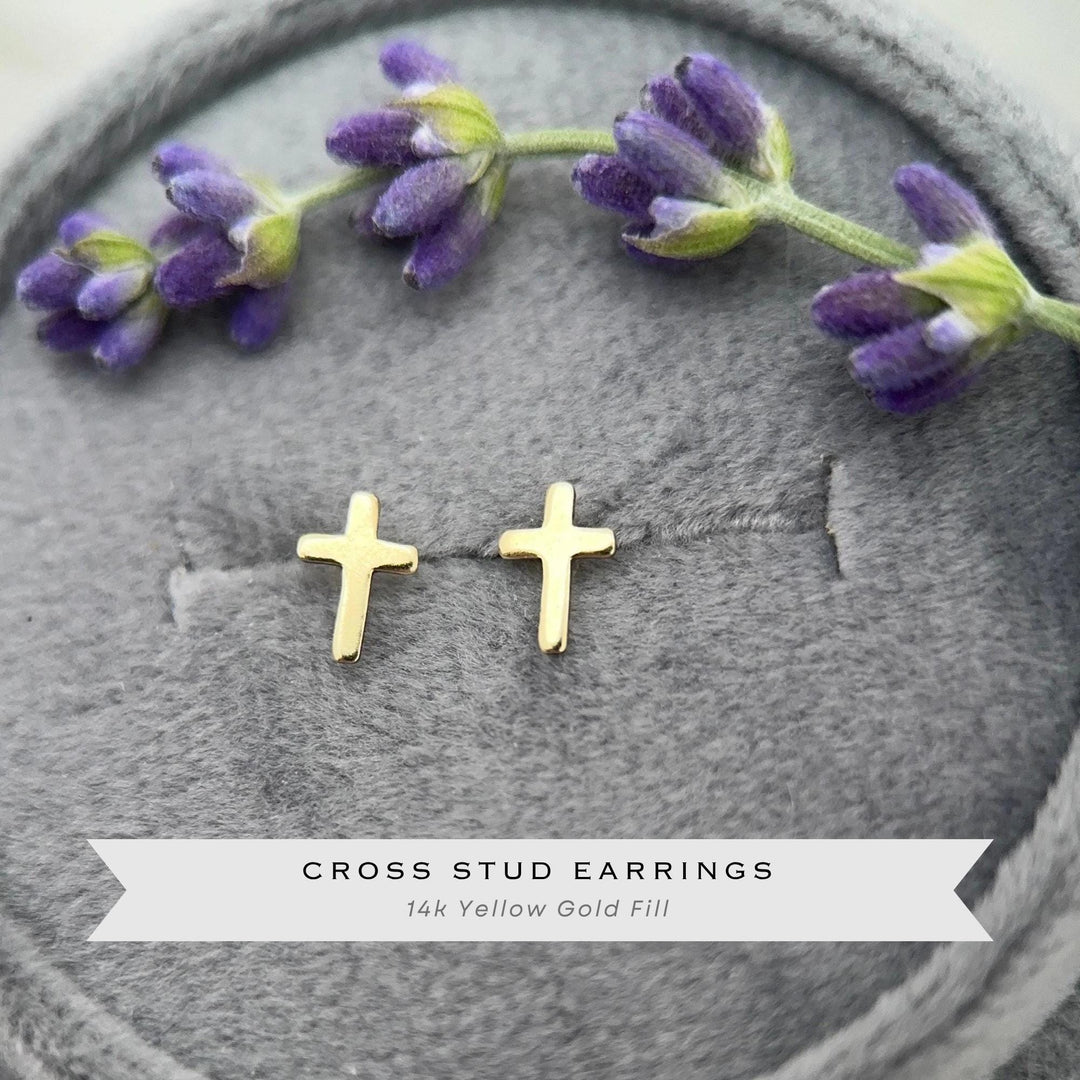 Gold Cross Stud Earrings - 14k Yellow Gold Filled, Dainty Christian Cross Earrings, Minimalist Faith Jewelry - SunlightSilver