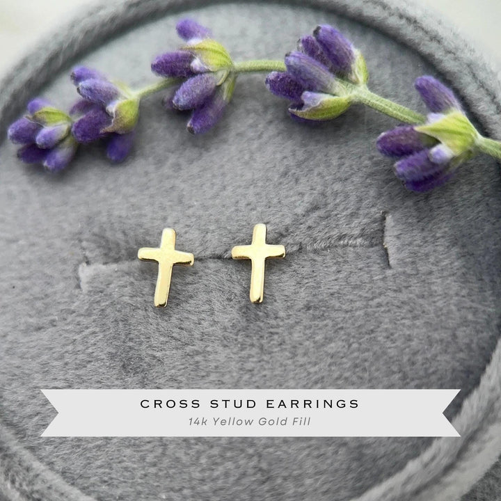 Gold Cross Stud Earrings - 14k Yellow Gold Filled, Dainty Christian Cross Earrings, Minimalist Faith Jewelry - SunlightSilver