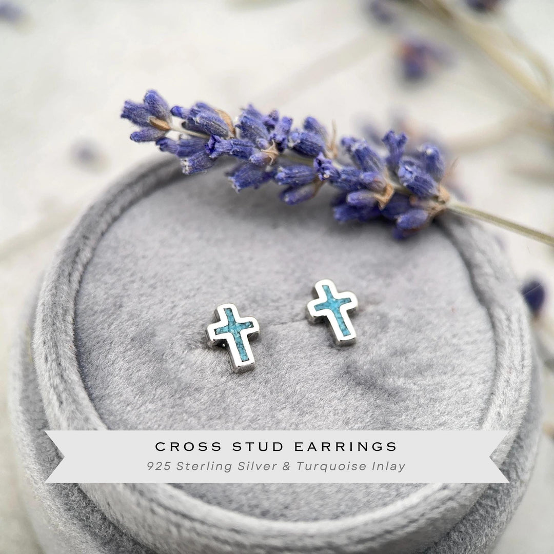Turquoise Cross Earrings Sterling Silver, Christian Cross Studs, Turquoise Inlay Faith Religious Jewelry Gift - SunlightSilver