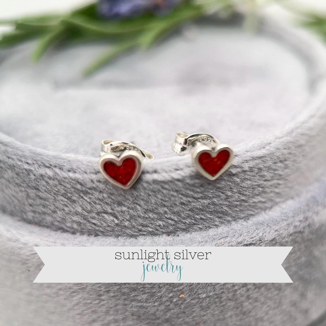 Tiny Red Coral Sterling Silver Heart Stud - Inlay Post Earrings - SunlightSilver