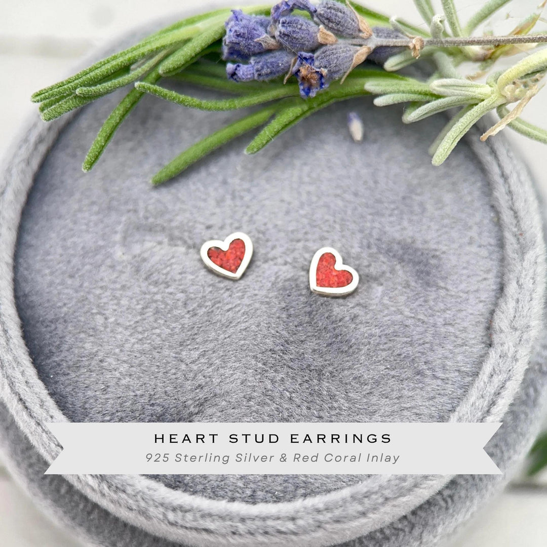 Tiny Red Coral Sterling Silver Heart Stud - Inlay Post Earrings - SunlightSilver