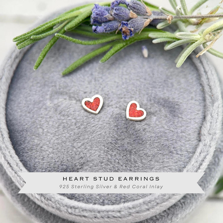 Tiny Red Coral Sterling Silver Heart Stud - Inlay Post Earrings - SunlightSilver
