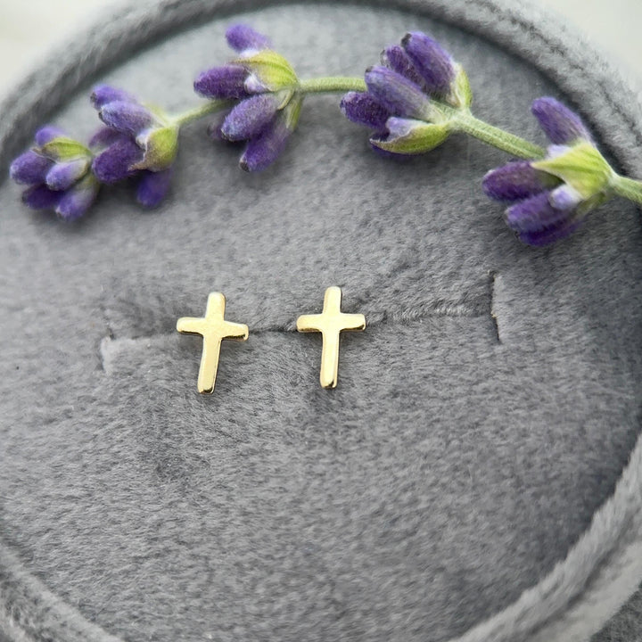 Gold Cross Stud Earrings - 14k Yellow Gold Filled, Dainty Christian Cross Earrings, Minimalist Faith Jewelry - SunlightSilver