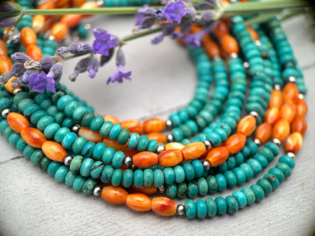 Orange Spiny Oyster, Kingman Turquoise, and Navajo Pearl Necklace - SunlightSilver