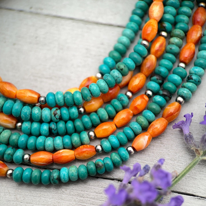 Orange Spiny Oyster, Kingman Turquoise, and Navajo Pearl Necklace - SunlightSilver