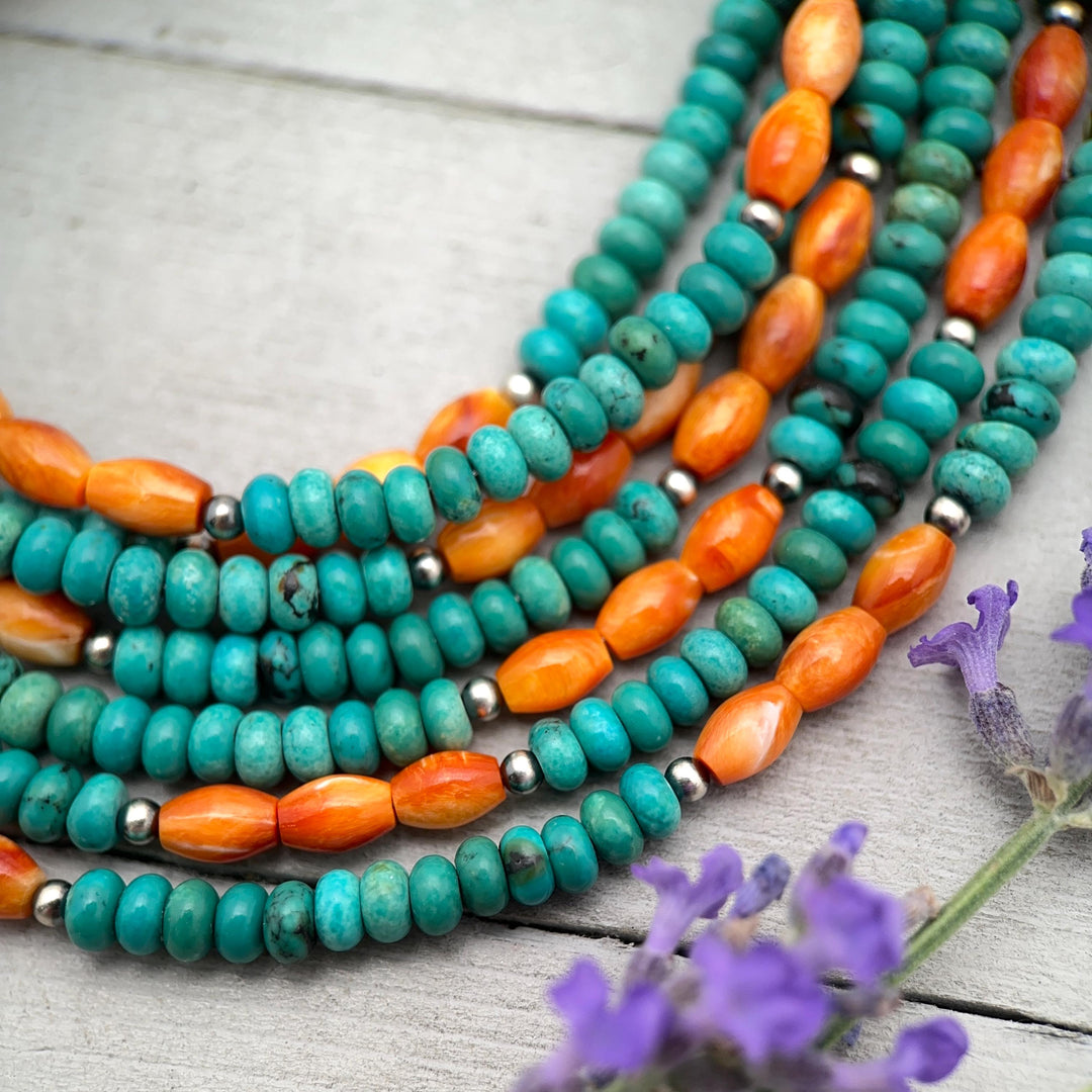 Orange Spiny Oyster, Kingman Turquoise, and Navajo Pearl Necklace - SunlightSilver