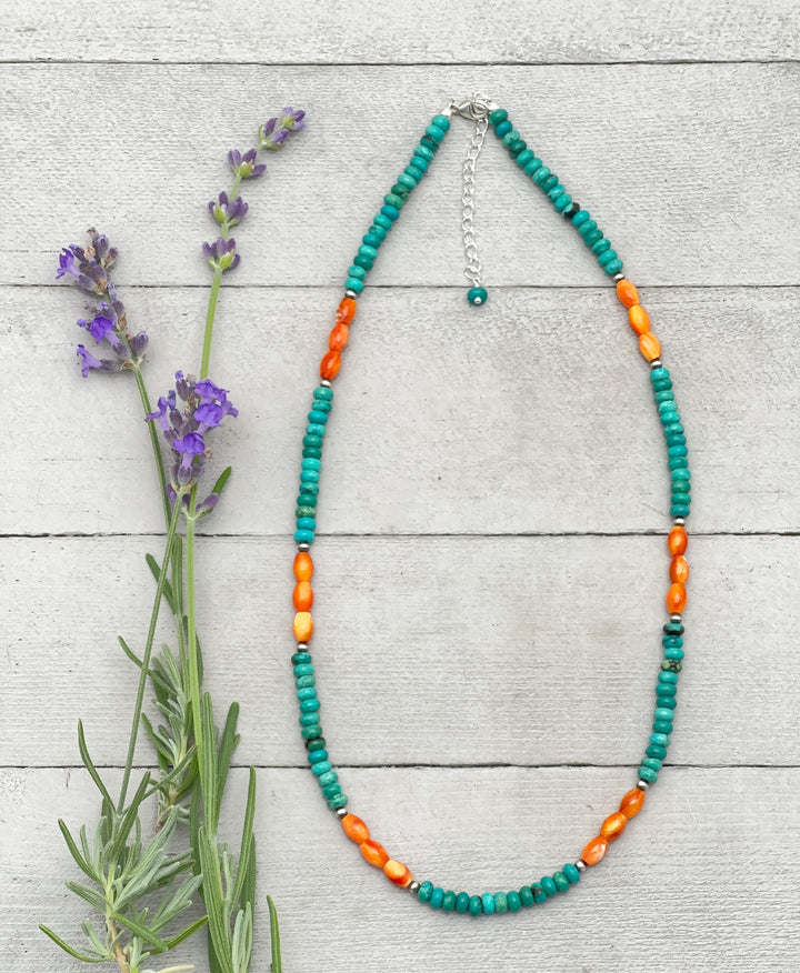 Orange Spiny Oyster, Kingman Turquoise, and Navajo Pearl Necklace - SunlightSilver