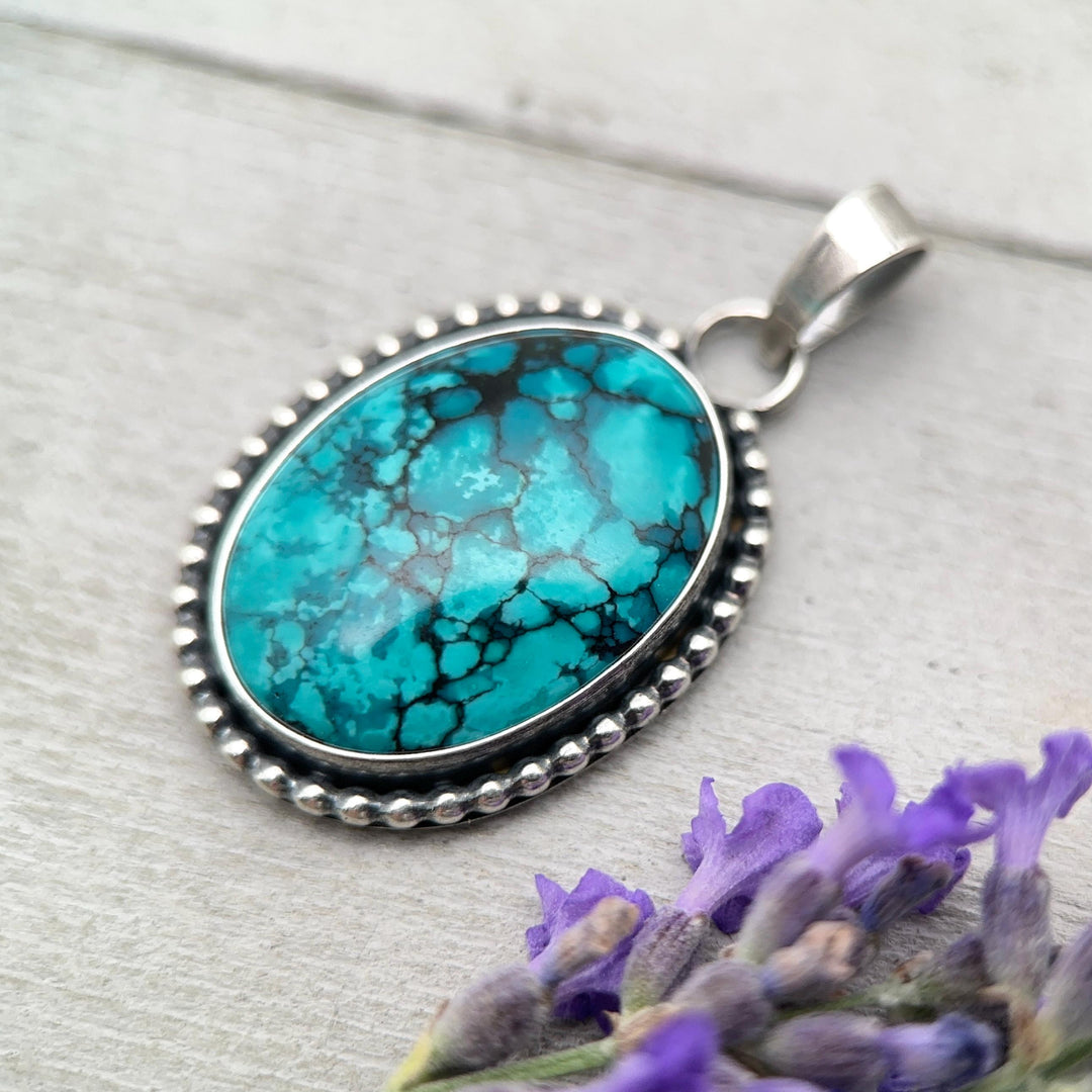 Teal Blue Hubei Turquoise and Sterling Silver Pendant Necklace - SunlightSilver