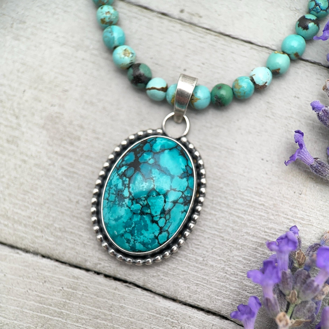 Teal Blue Hubei Turquoise and Sterling Silver Pendant Necklace - SunlightSilver