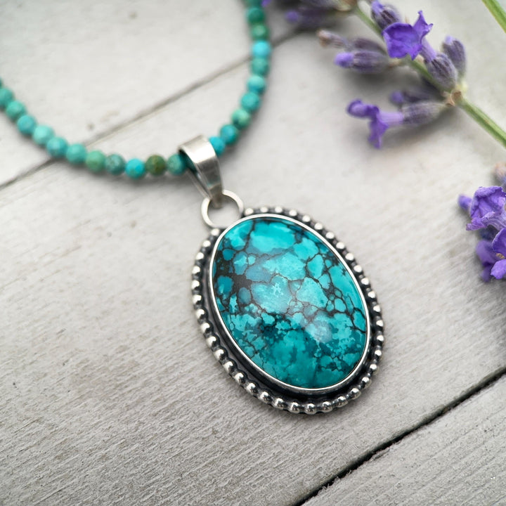 Teal Blue Hubei Turquoise and Sterling Silver Pendant Necklace - SunlightSilver