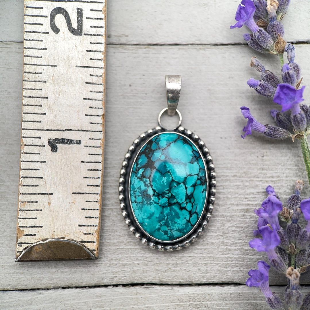 Teal Blue Hubei Turquoise and Sterling Silver Pendant Necklace - SunlightSilver