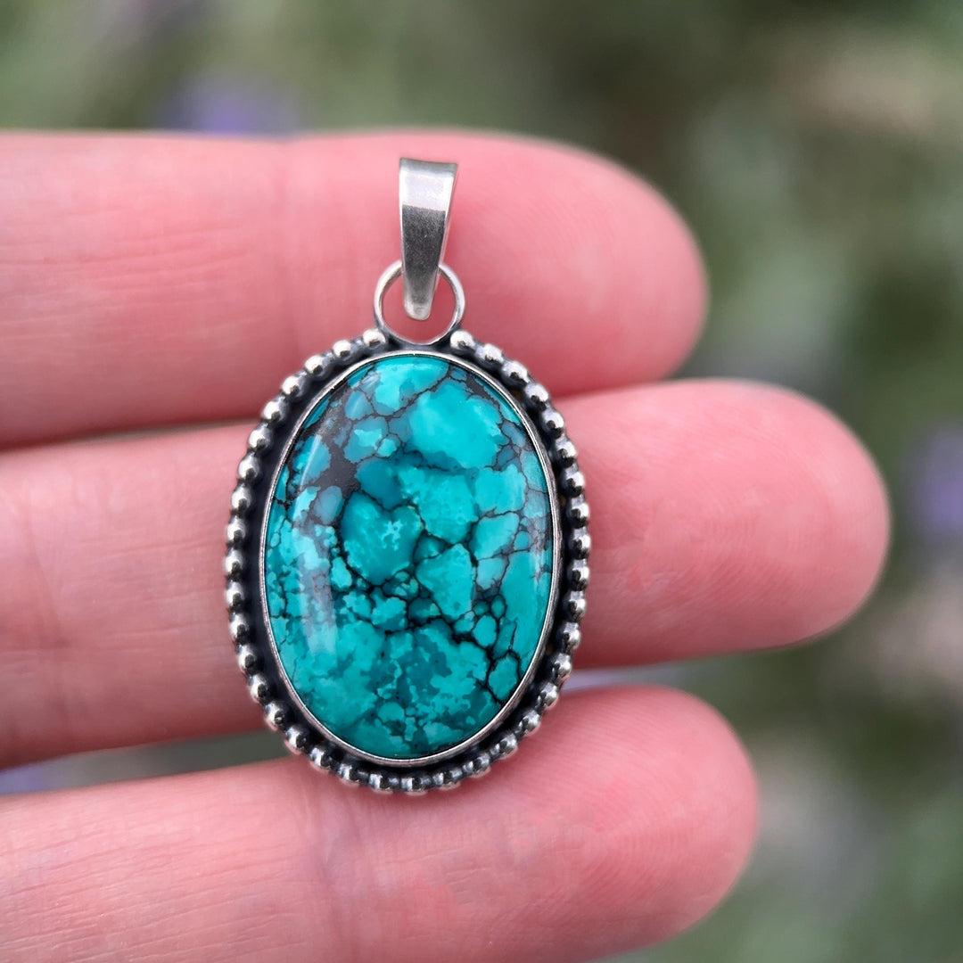 Teal Blue Hubei Turquoise and Sterling Silver Pendant Necklace - SunlightSilver
