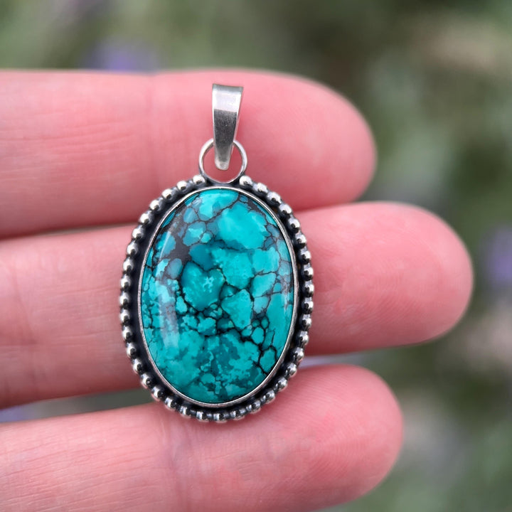Teal Blue Hubei Turquoise and Sterling Silver Pendant Necklace - SunlightSilver