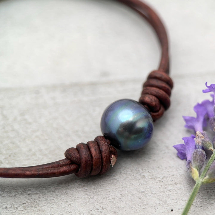 Peacock Freshwater Pearl and Rustic Brown or Black Leather Anklet / Bracelet - SunlightSilver