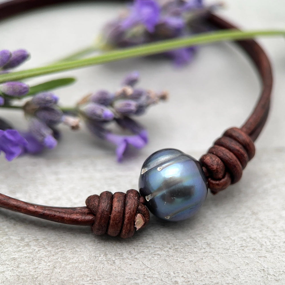 Peacock Pearl and Leather Anklet / Bracelet - SunlightSilver