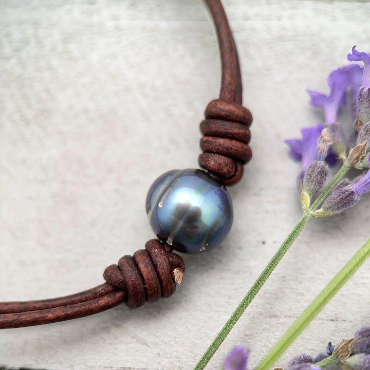 Peacock Freshwater Pearl and Rustic Brown or Black Leather Anklet / Bracelet - SunlightSilver